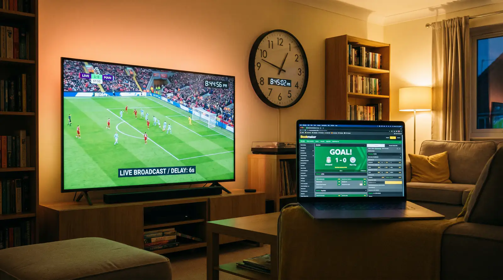 Split view of a football broadcast delay versus real-time bookmaker odds update