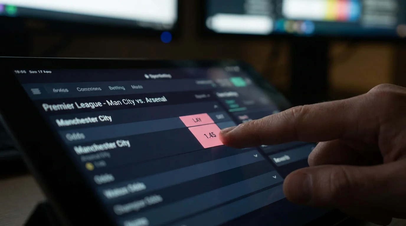 Lay bet placed against a football match favourite on an exchange screen