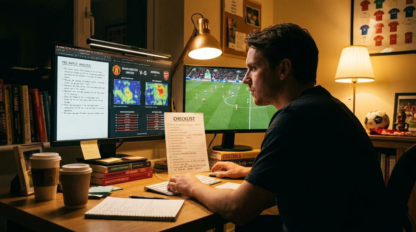 Bettor reviewing pre-match notes alongside a live football broadcast on dual screens