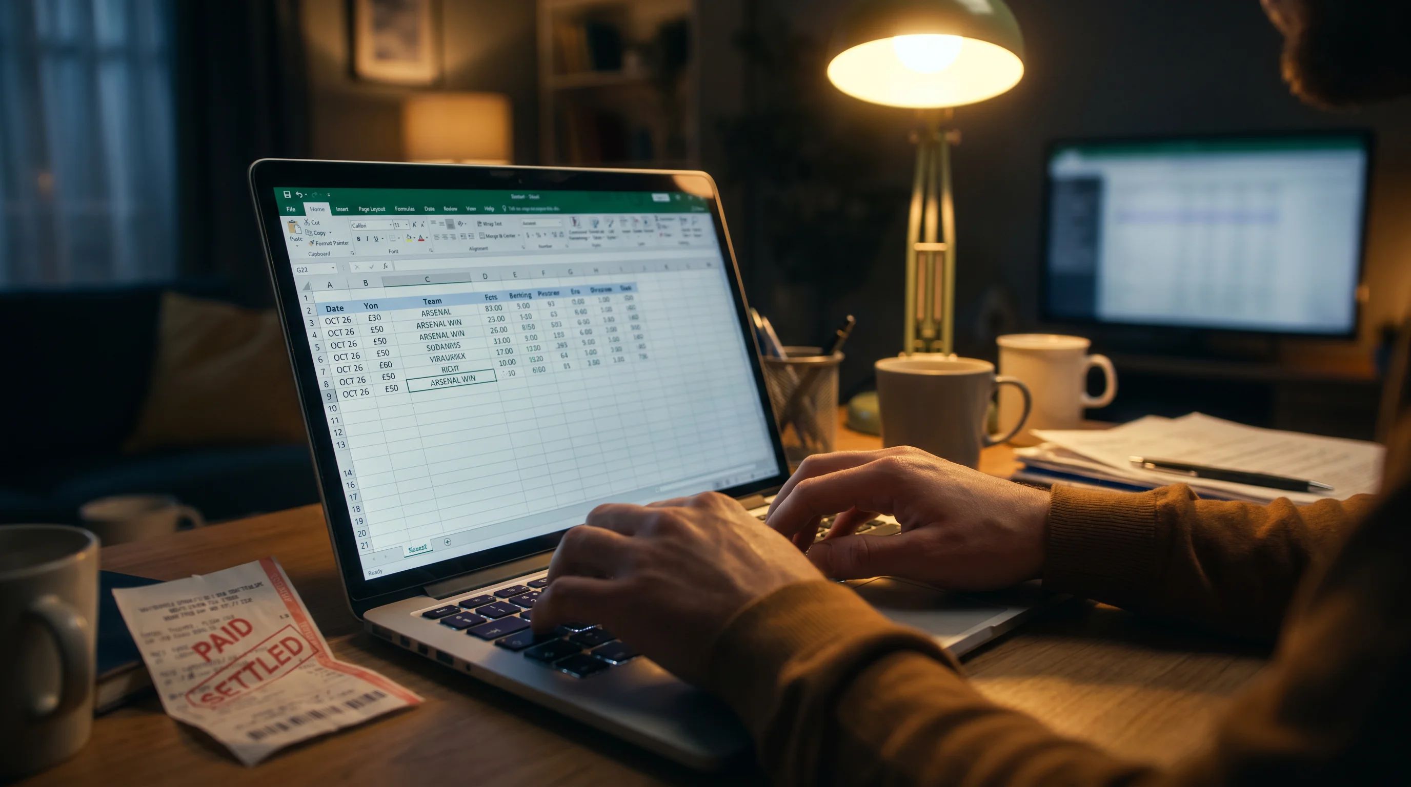 Football bettor manually entering a settled bet into a tracking spreadsheet