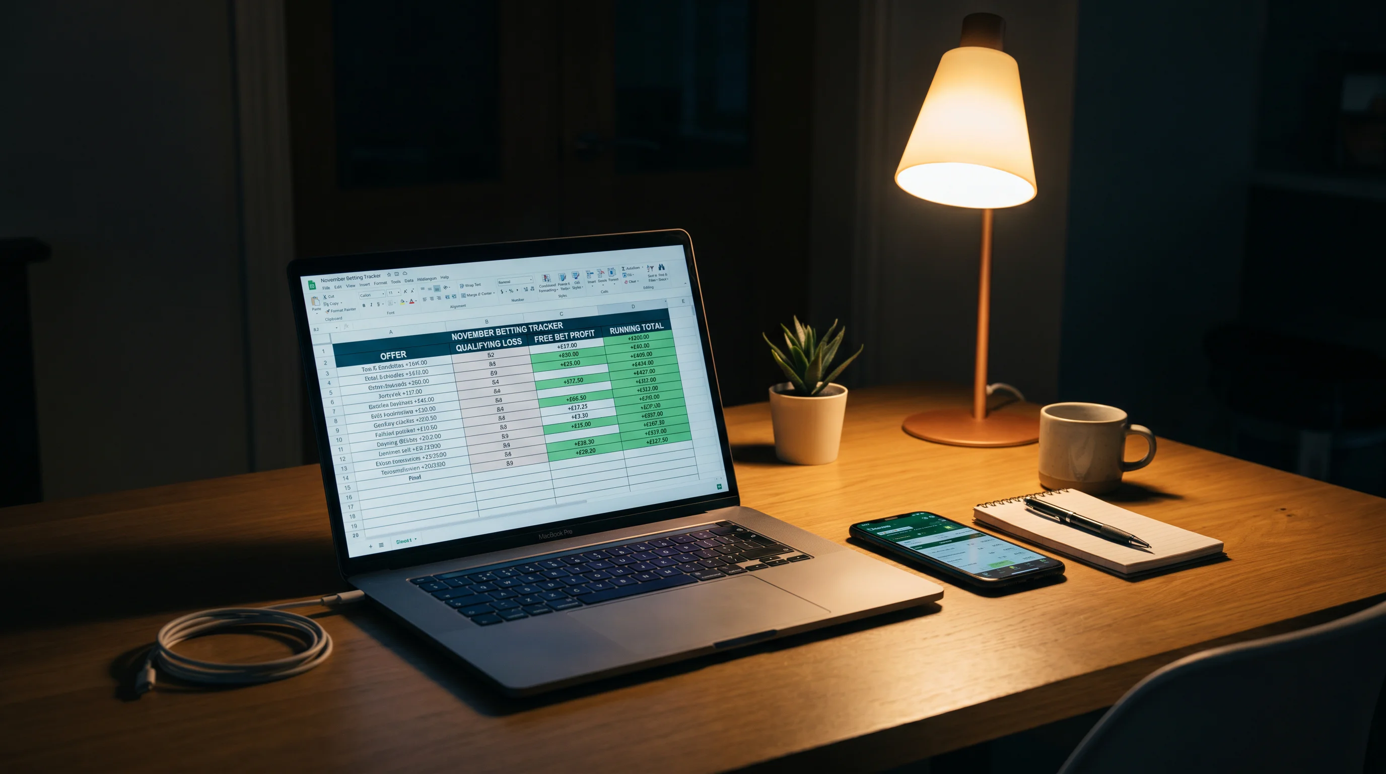 Laptop displaying a detailed matched betting profit tracker spreadsheet