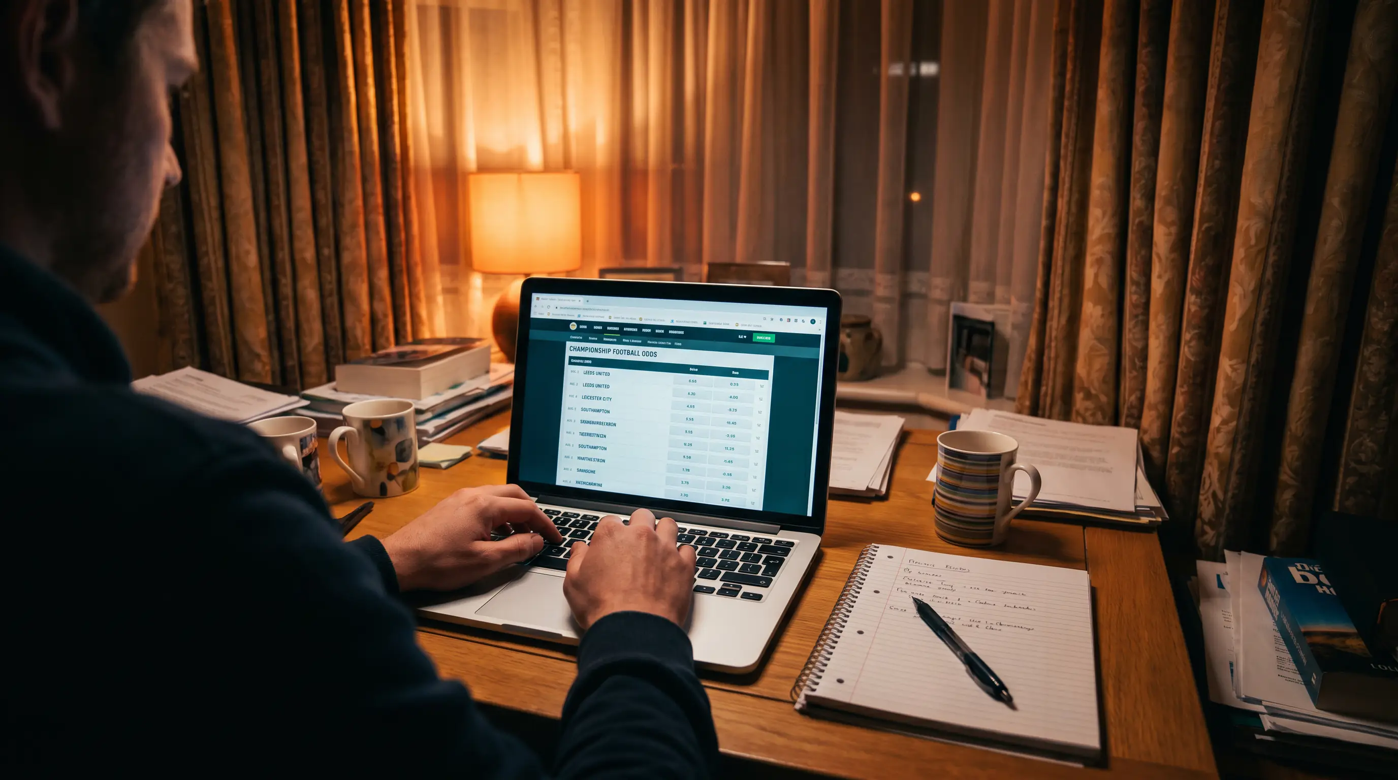 Bettor checking early-week Championship odds on a laptop at a desk