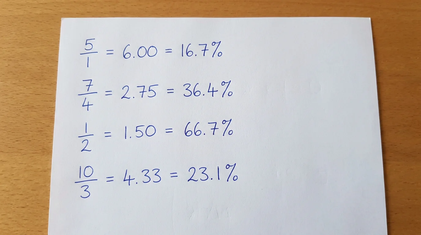 Handwritten notes converting fractional odds to decimal and implied probability for a football bet