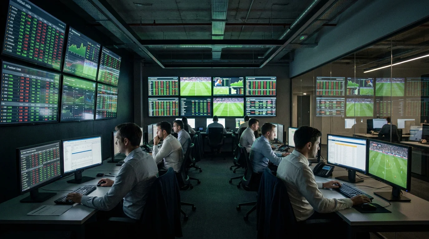 Bookmaker office with screens showing odds being adjusted across multiple football markets