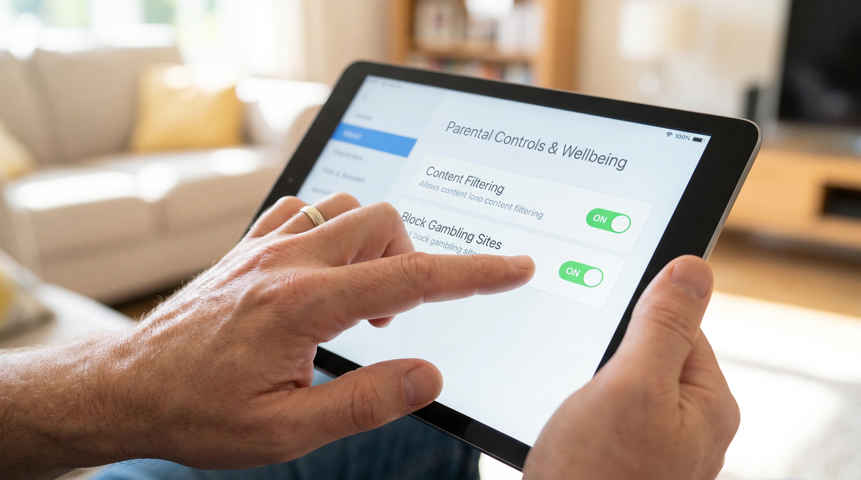 Device parental controls and gambling site blocking software settings screen