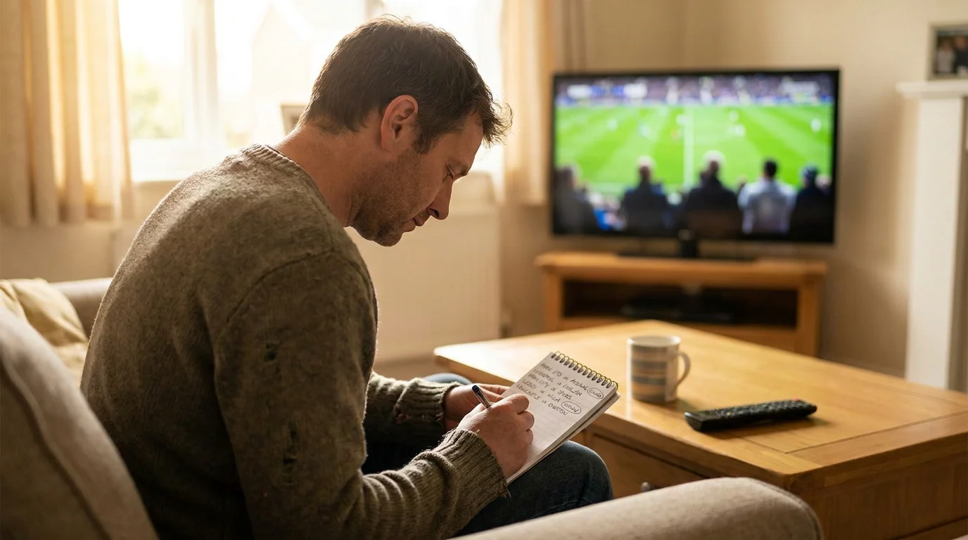 Bettor reviewing a shortlist of selected football matches on a notepad before placing bets