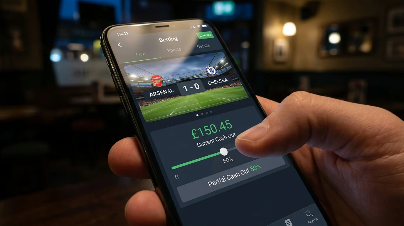 Betting app screen displaying a partial cash-out slider for a live football accumulator