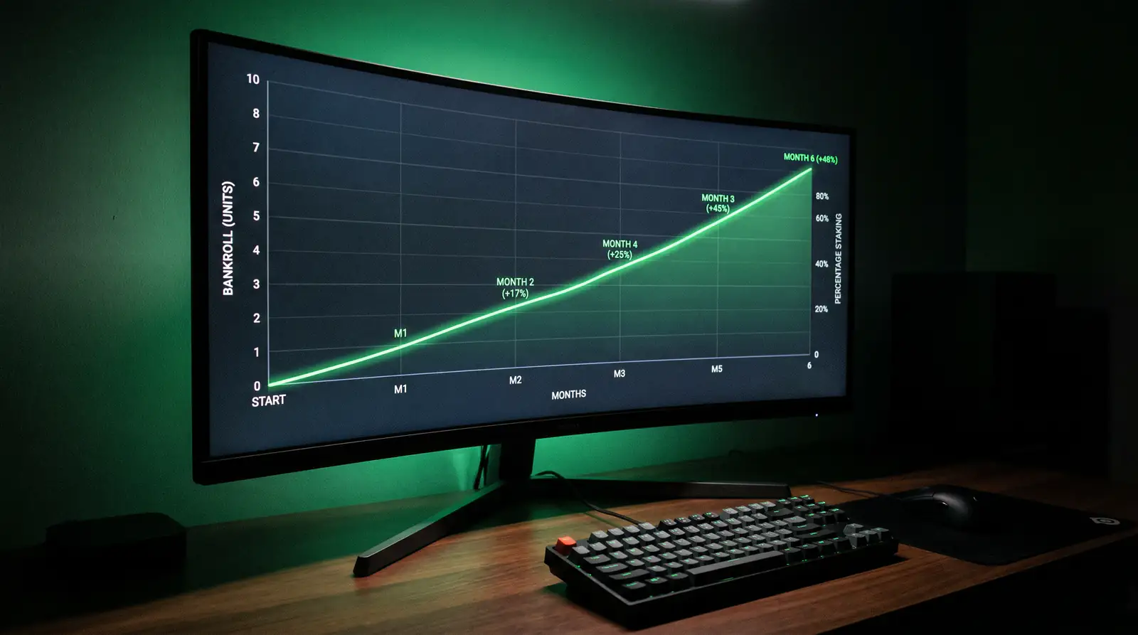 Line graph showing bankroll growth under percentage staking over a football season