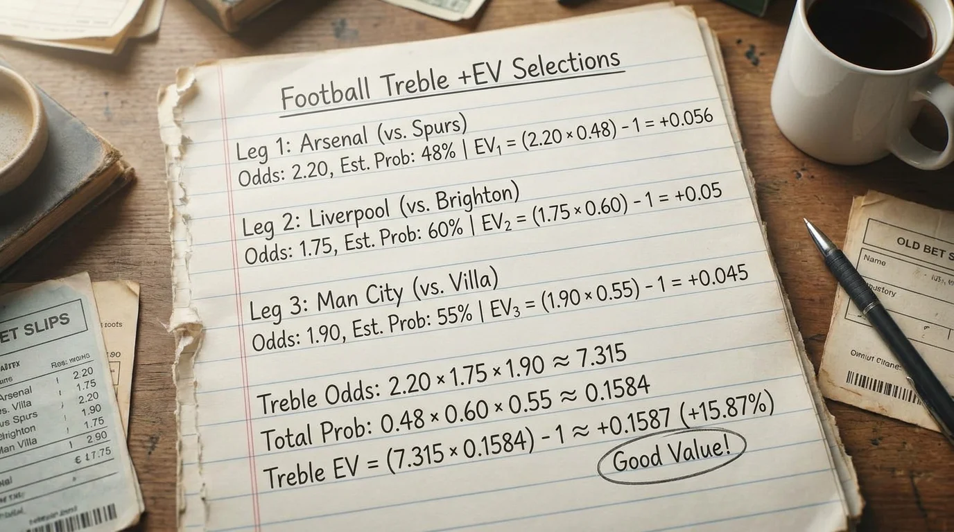 Worked example on paper showing three positive expected value football selections combined in a treble