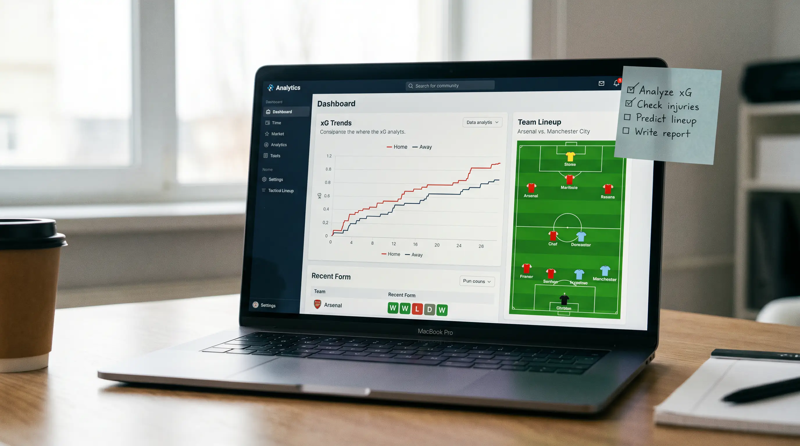 Laptop displaying football team form data and expected goals statistics before a match