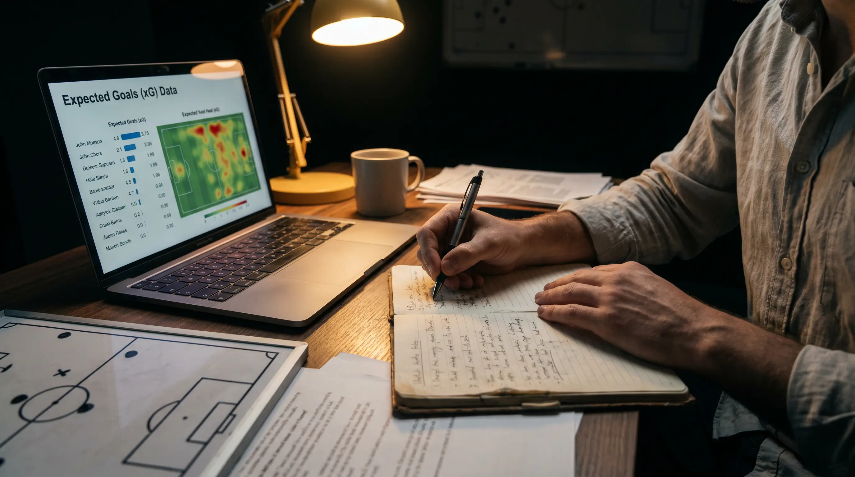 Football analyst writing match notes with expected goals data visible on a nearby monitor