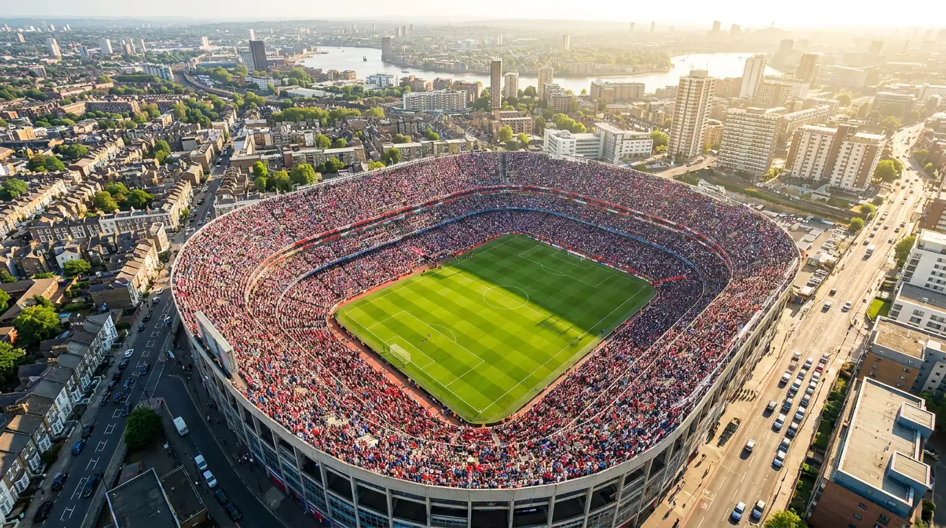 Aerial view of a packed Premier League stadium on a Saturday afternoon