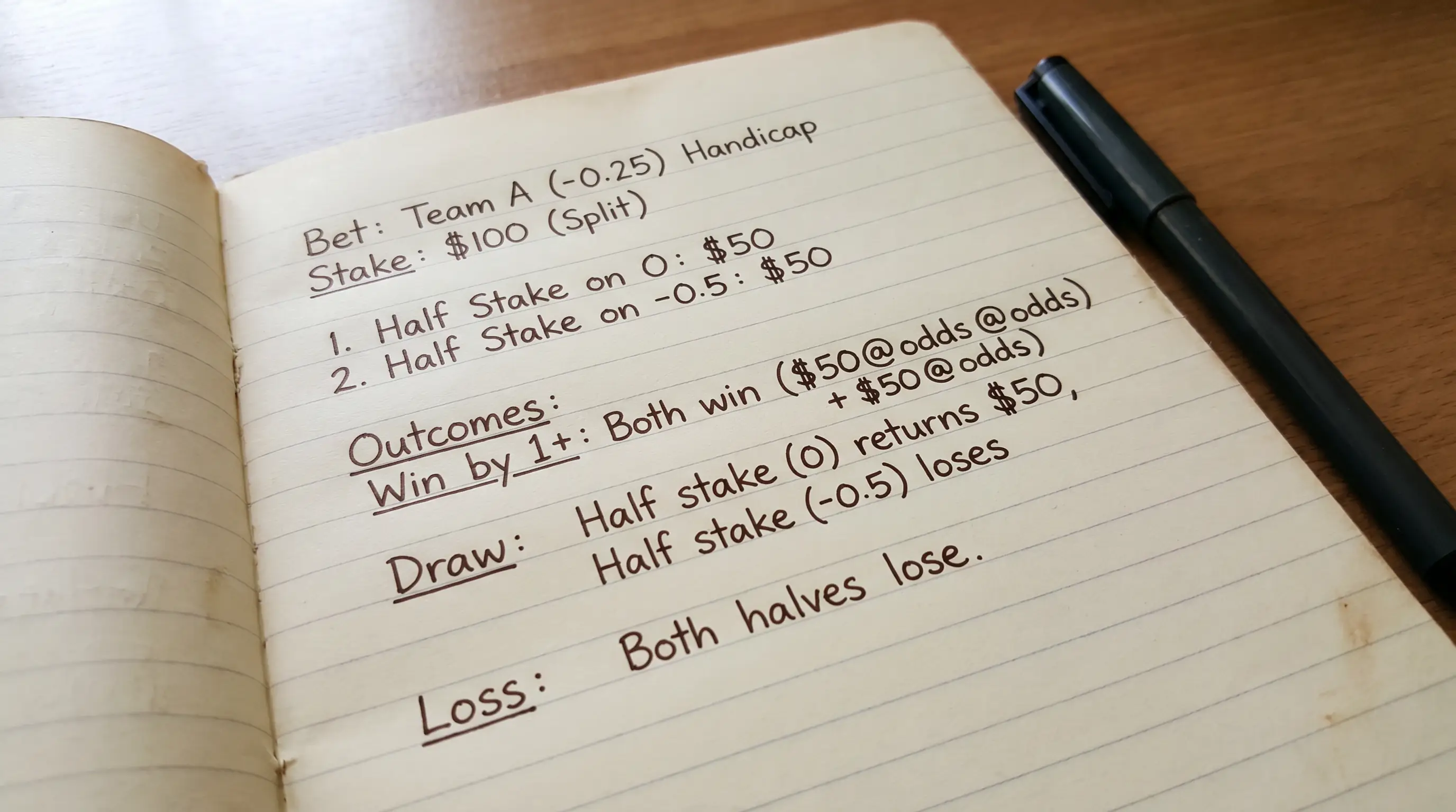Split stake diagram showing -0.25 Asian handicap bet division