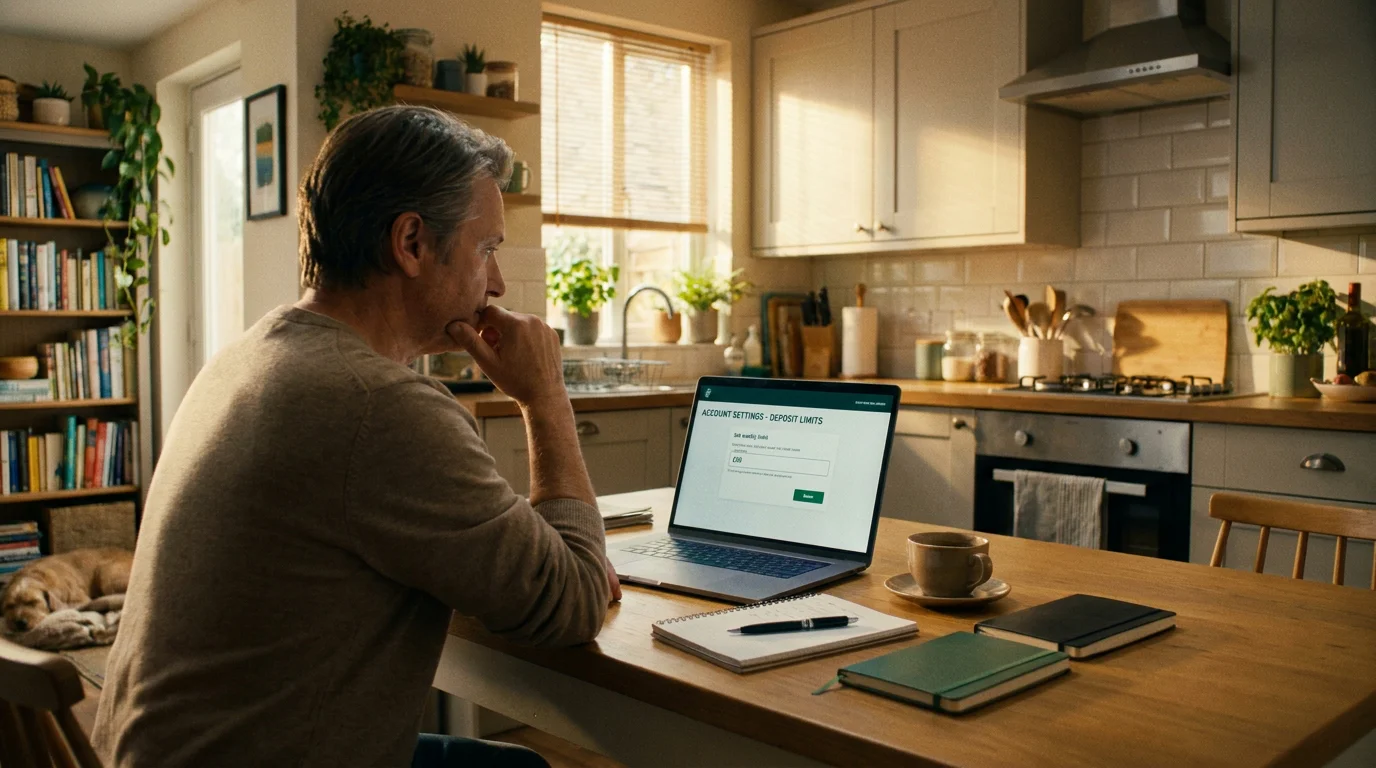 Adult demonstrating structured betting with deposit limits on a mobile screen