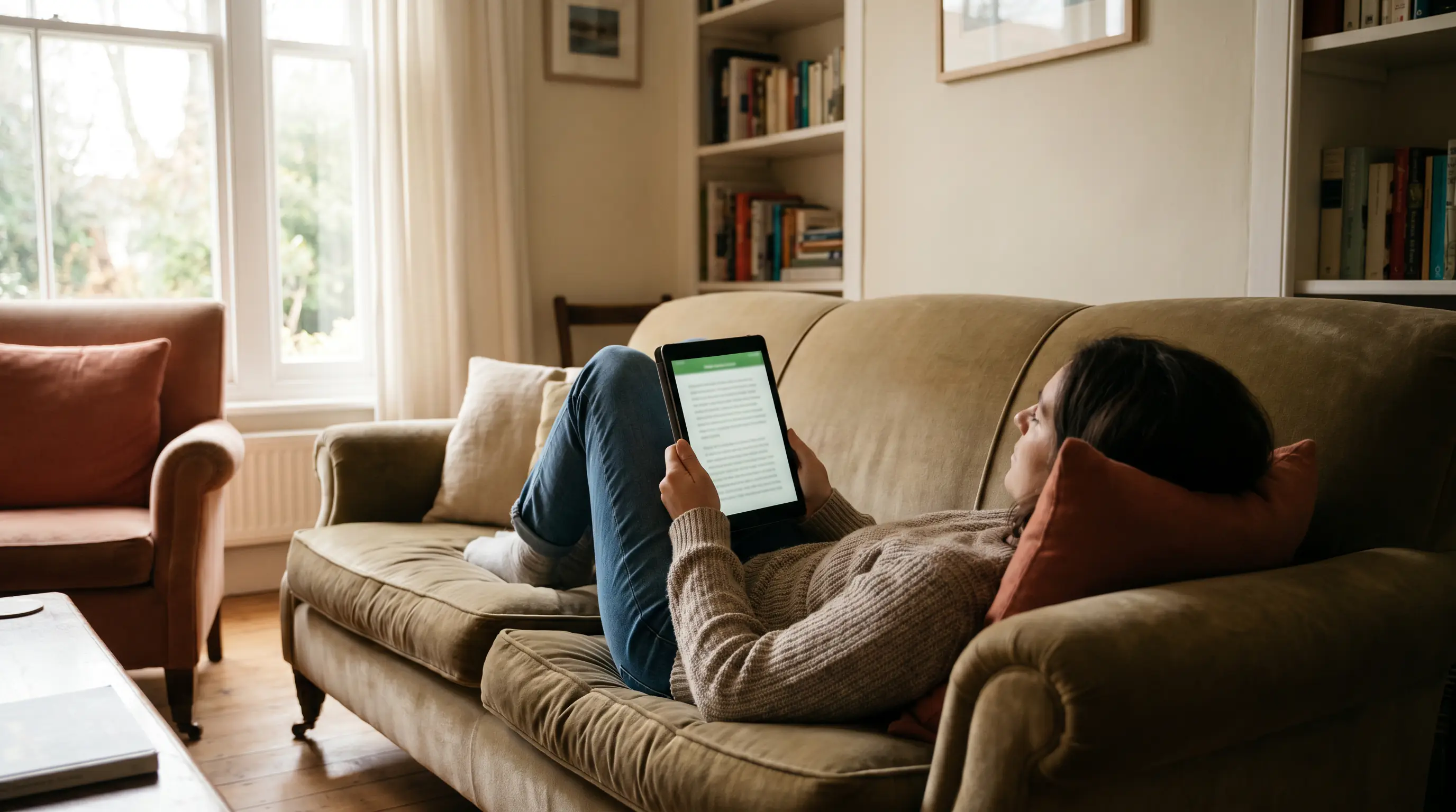Person sitting quietly reviewing responsible gambling information on a tablet screen