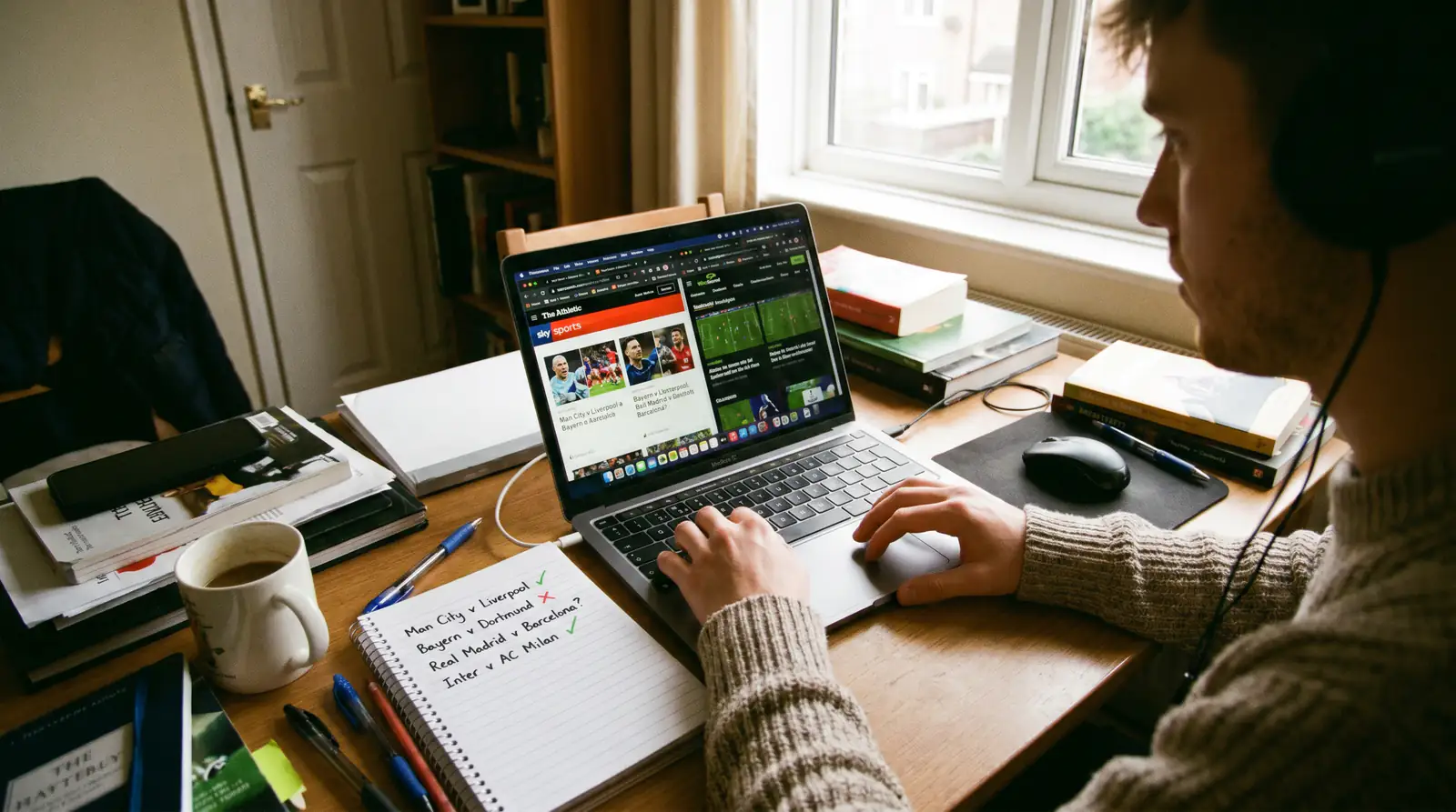 Bettor narrowing down football accumulator selections on a laptop with match analysis tabs open