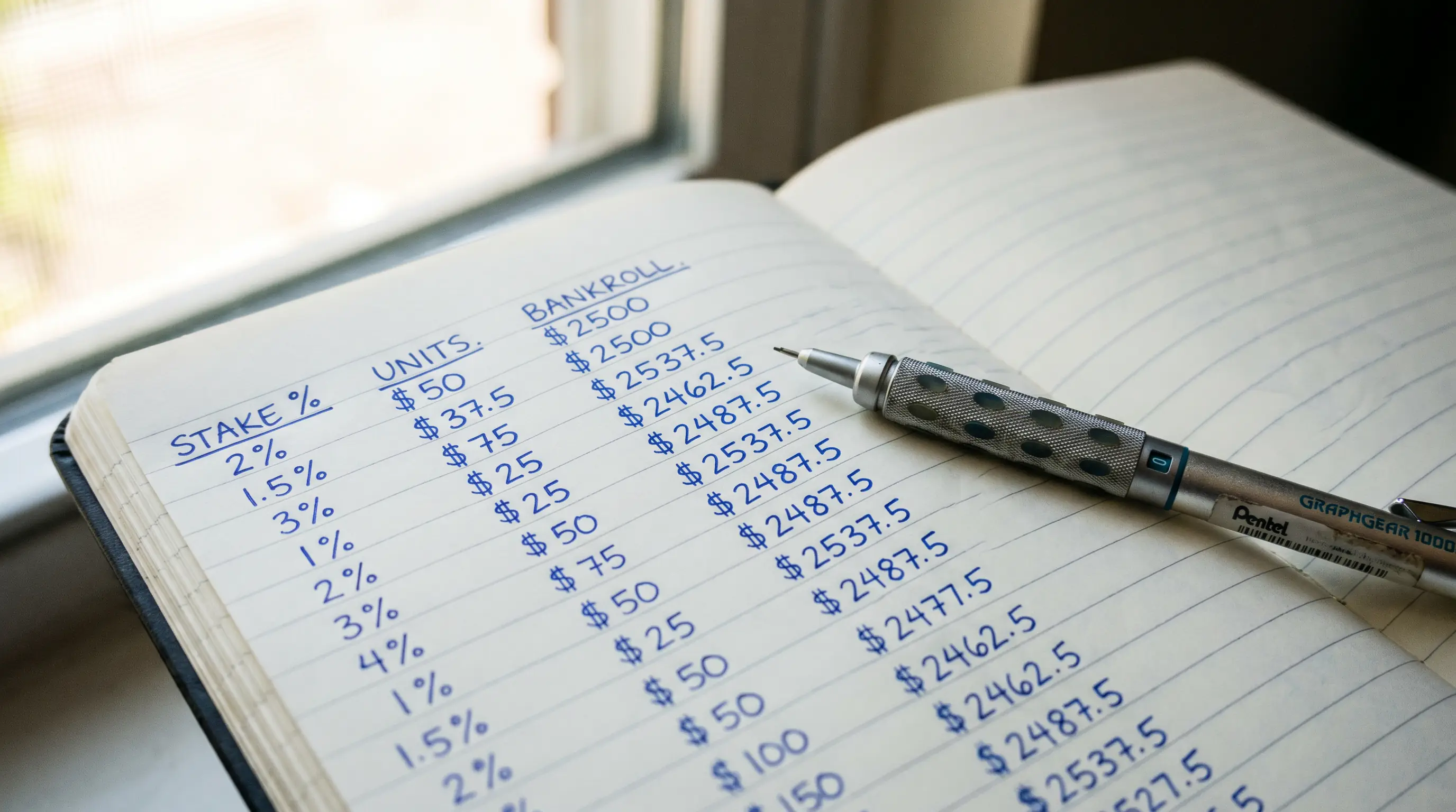 Notebook with handwritten bankroll management calculations and percentage staking notes