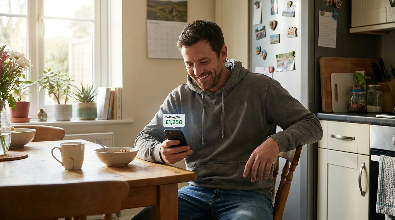 Person celebrating a football betting win on their phone without any tax paperwork visible