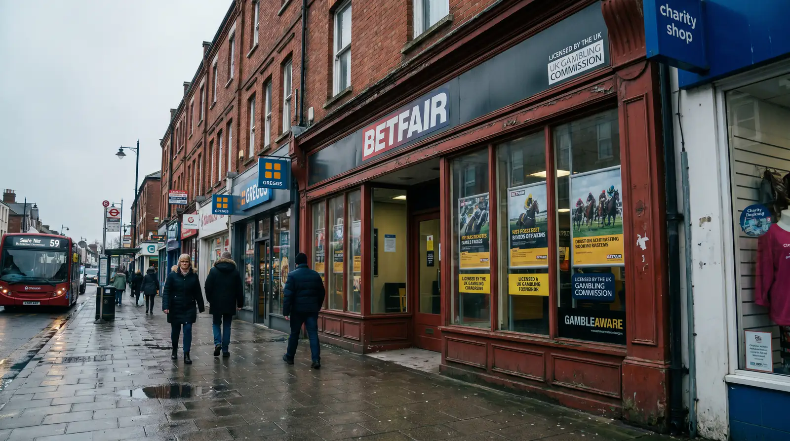 Exterior of a licensed UK high-street betting shop with UKGC licence number displayed