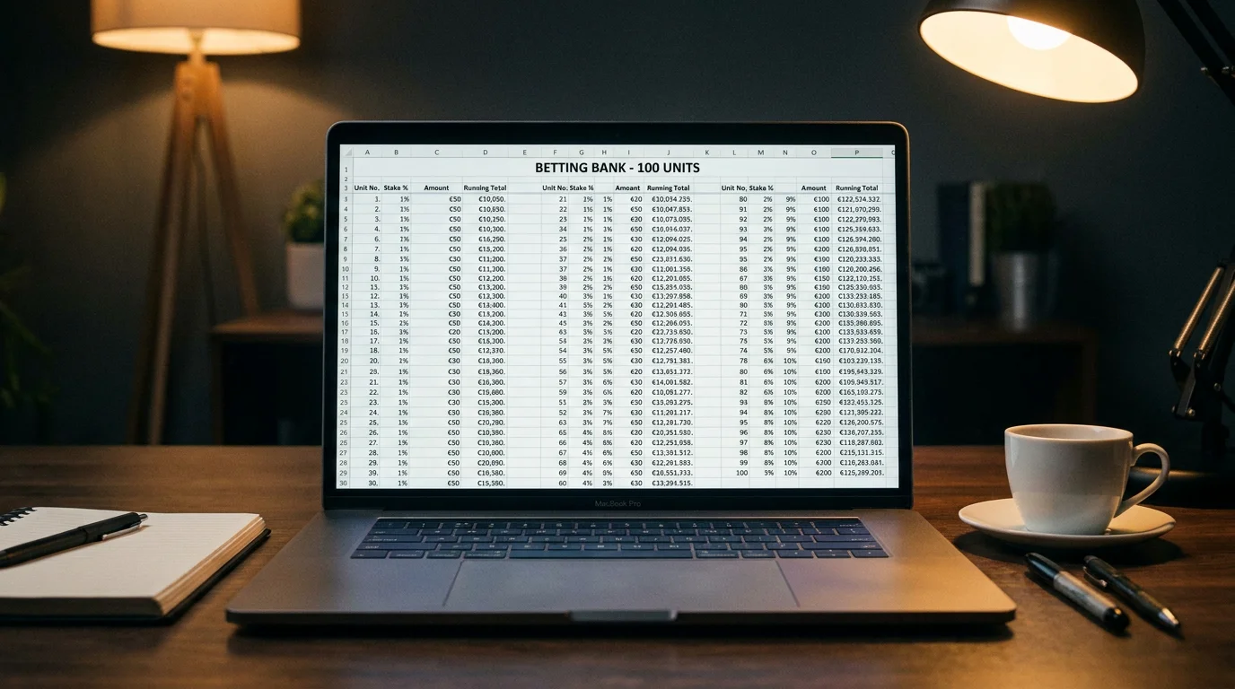 Betting bank divided into units on a clean spreadsheet layout