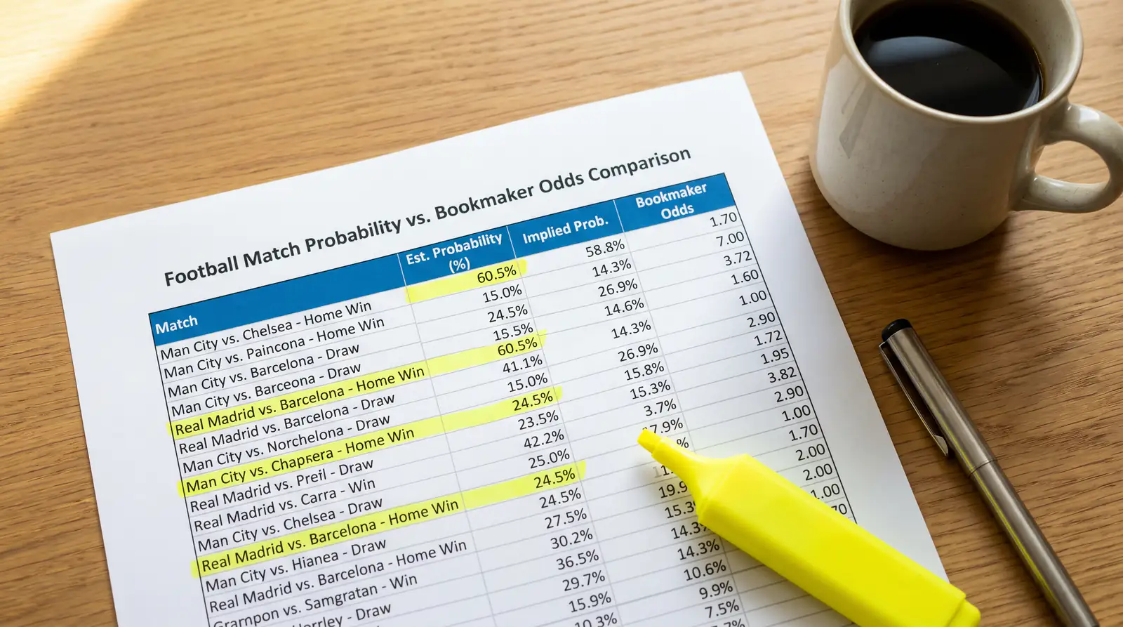 Bettor comparing football match probabilities against bookmaker odds on a spreadsheet