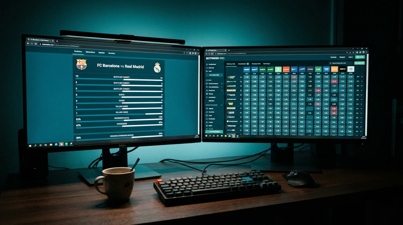 Analyst reviewing match data with physical and goals statistics side by side on screen