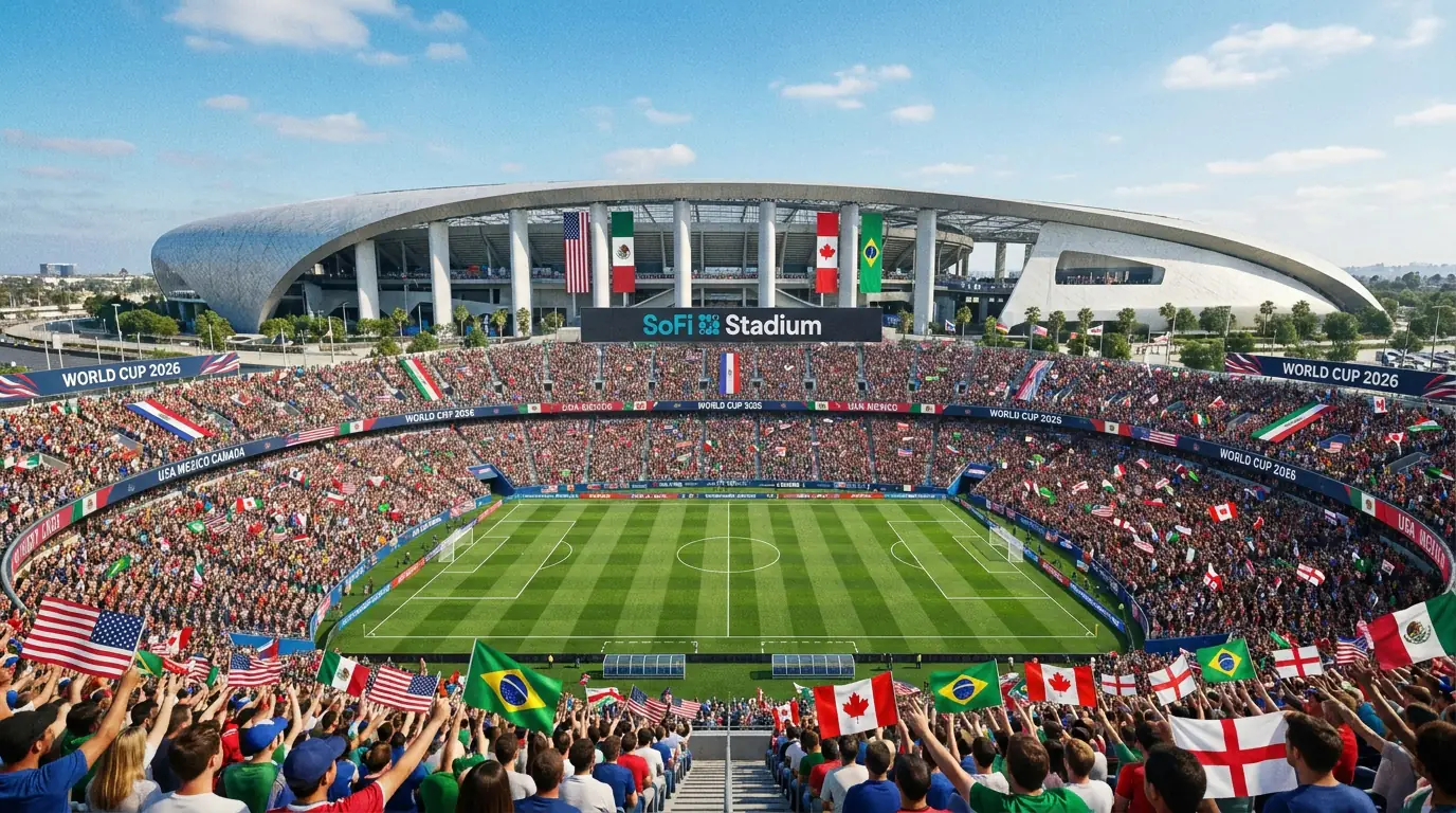 Large modern North American stadium prepared for a World Cup 2026 group stage match