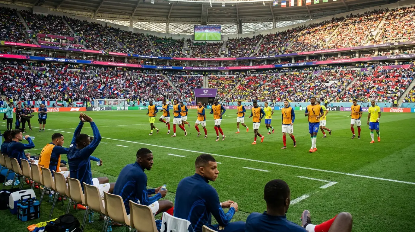 Football squad warming up before a World Cup group match with substitutes visible on the bench