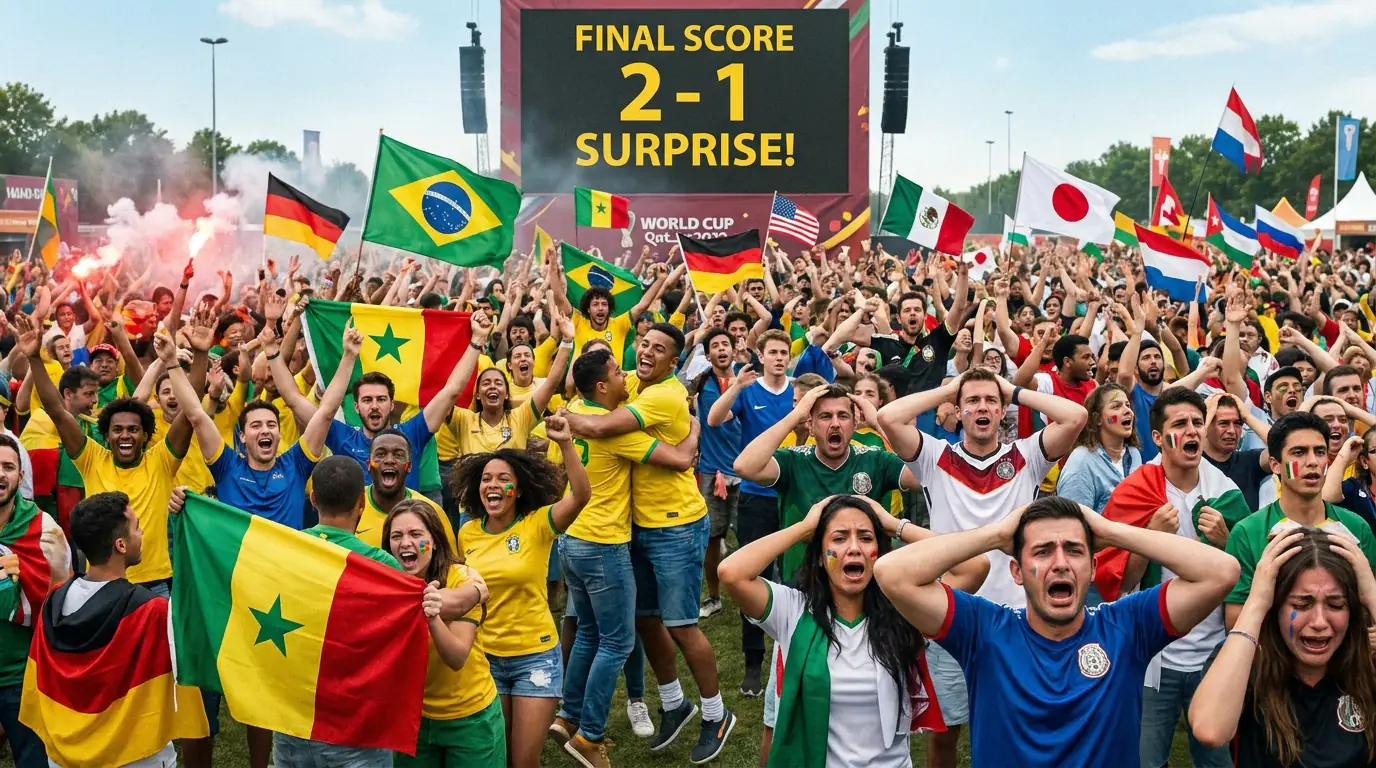Fans reacting to a surprise World Cup group stage result on a big screen in a fan zone