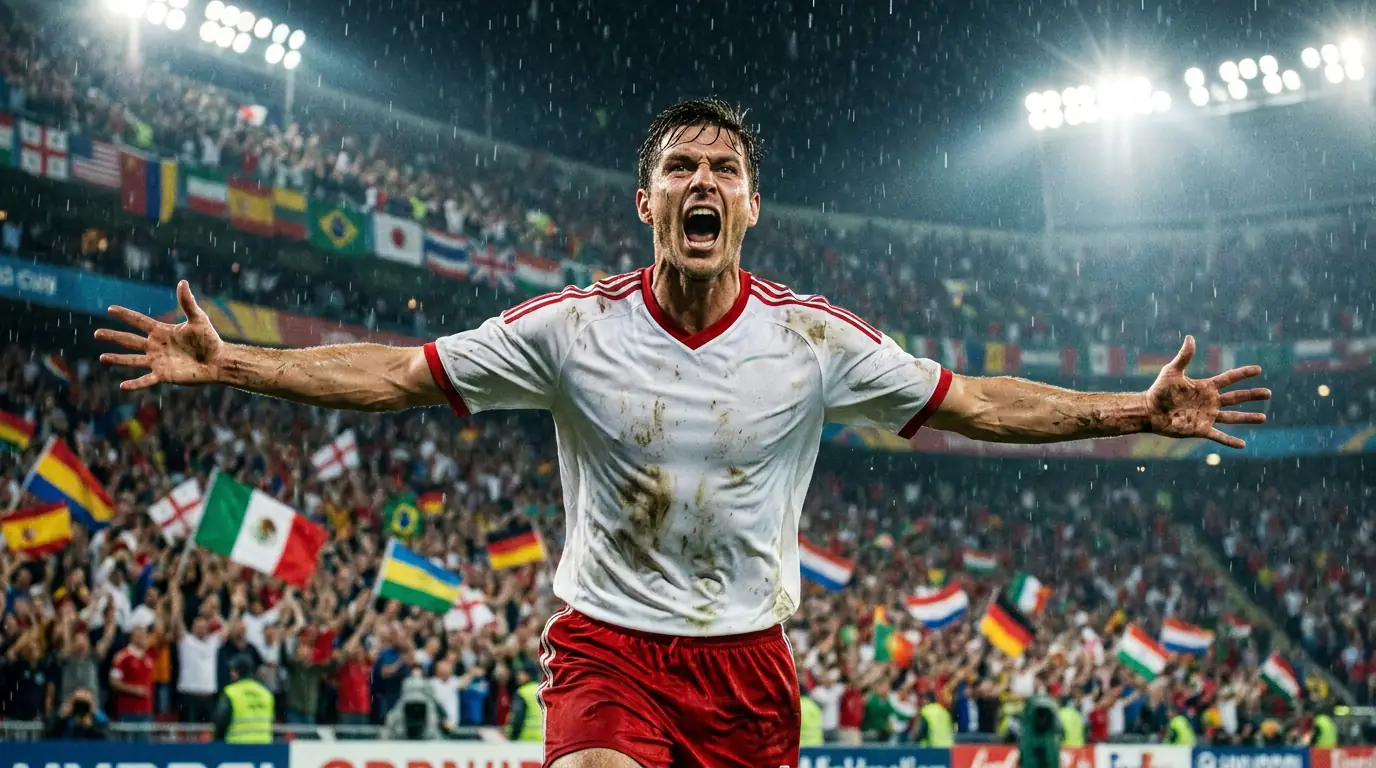 Football striker celebrating a goal during a World Cup knockout match