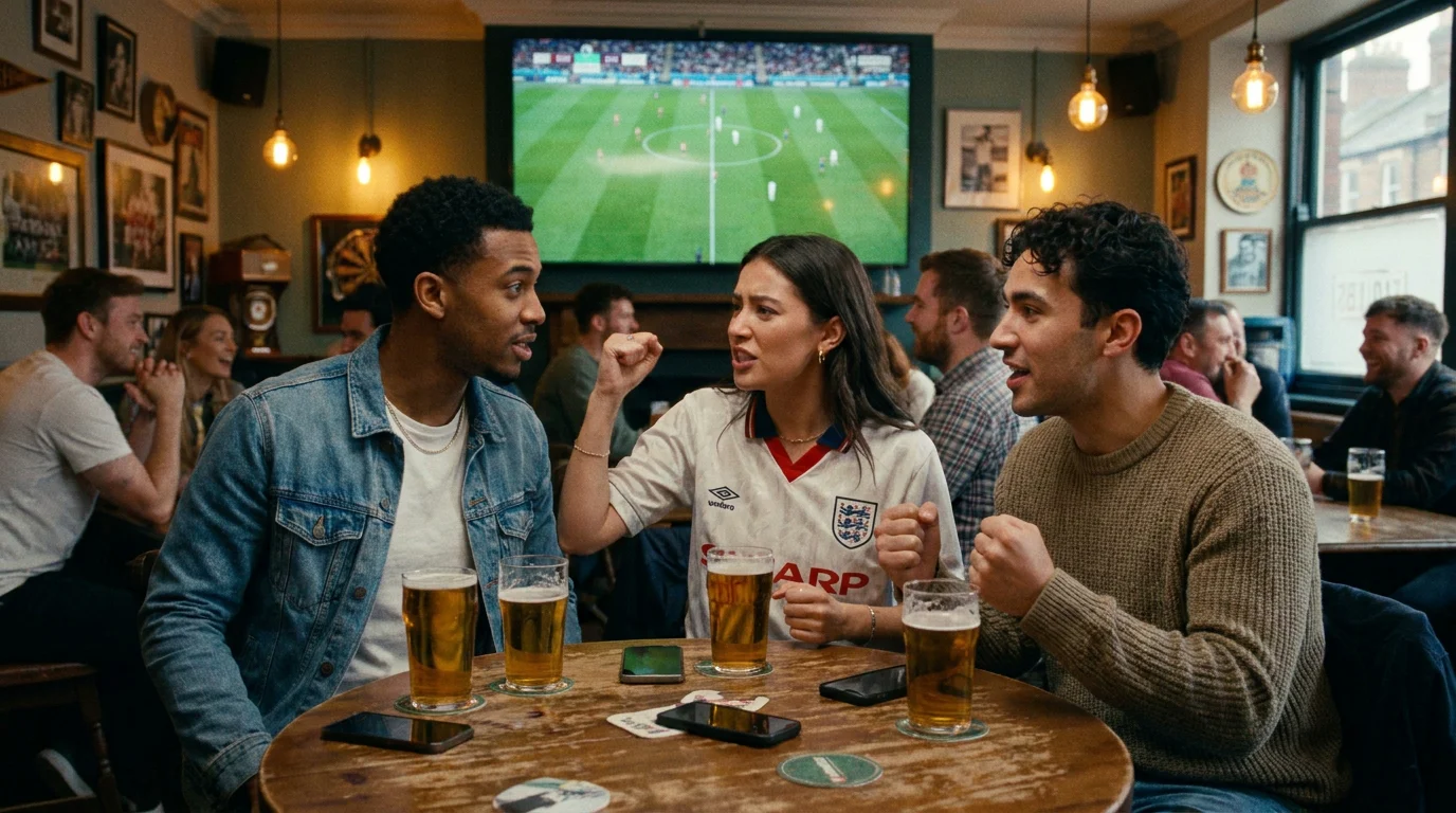 Group of young football fans watching a match in a pub with phones on the table